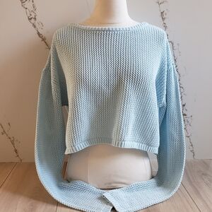 Pacsun Crochet Crop Sweater Womens M Baby Blue Boxy Long Sleeve Coastal Boho